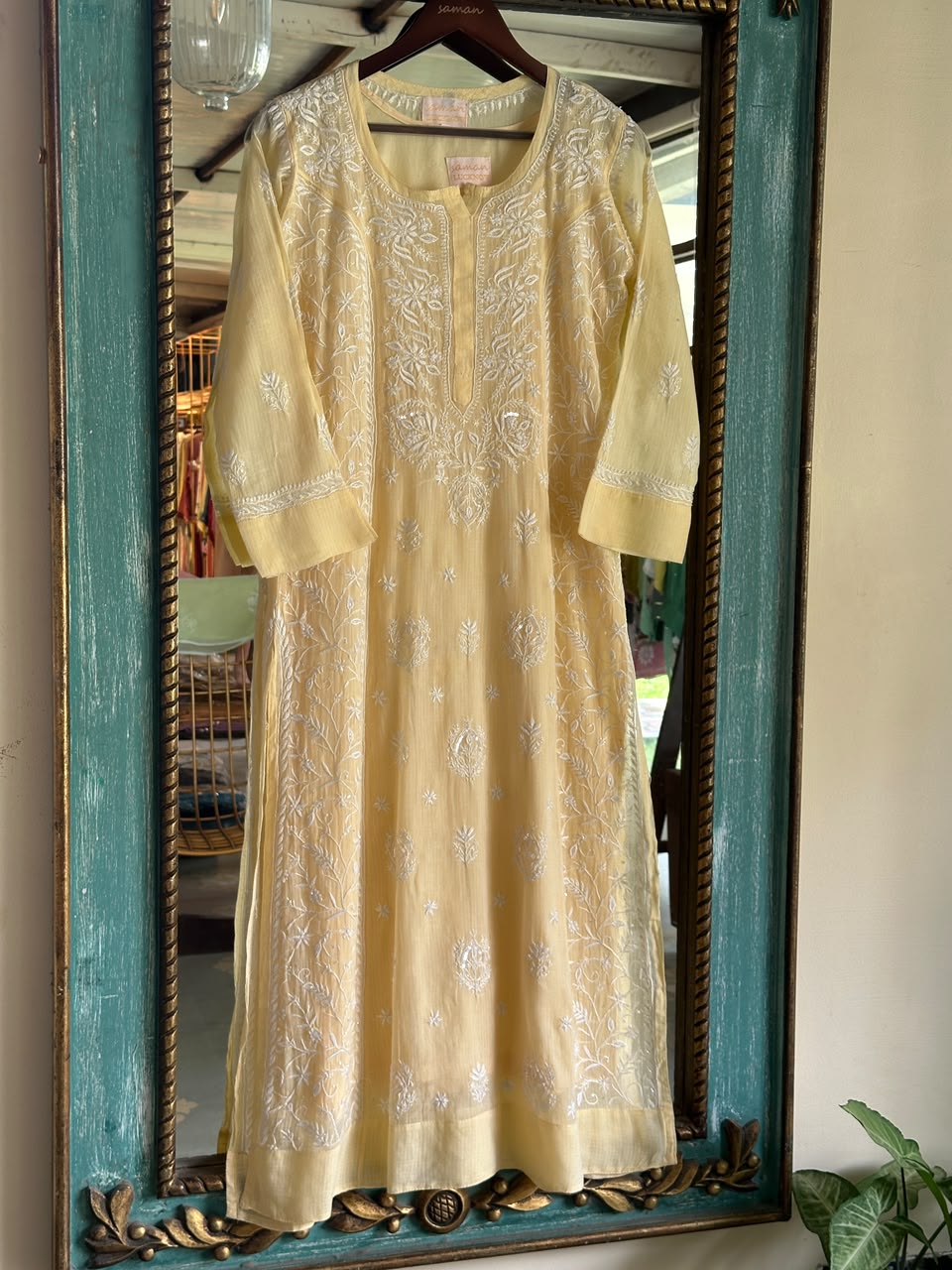 Lemon Sequinned Chikankari Kota Kurta & Dupatta Set