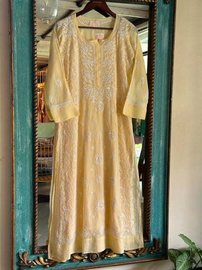 Lemon Sequinned Chikankari Kota Kurta & Dupatta Set