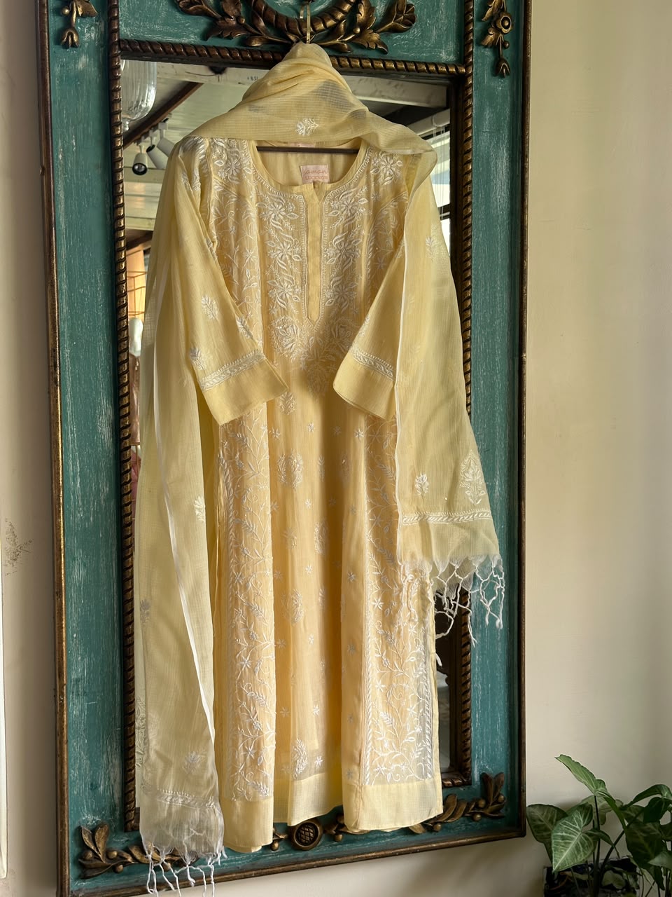 Lemon Sequinned Chikankari Kota Kurta & Dupatta Set