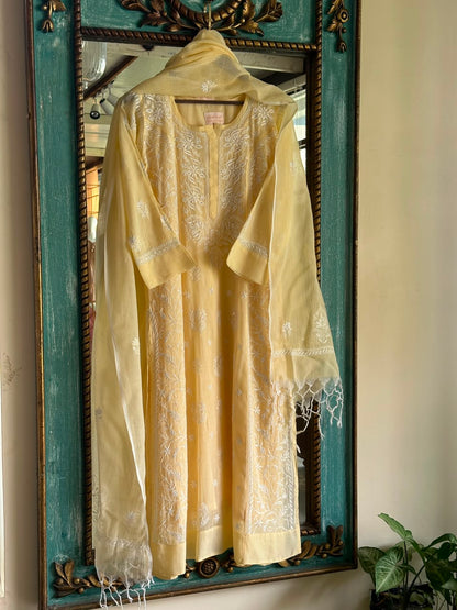 Lemon Sequinned Chikankari Kota Kurta & Dupatta Set