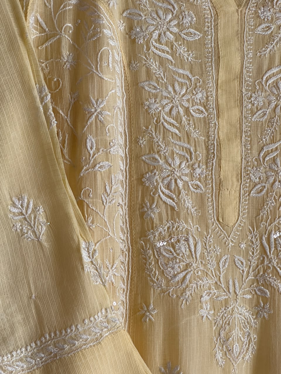 Lemon Sequinned Chikankari Kota Kurta & Dupatta Set