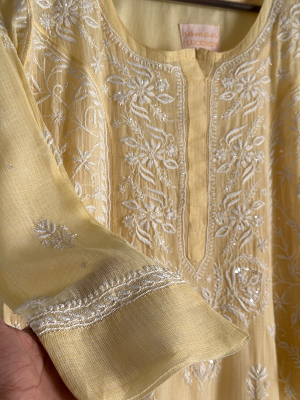 Lemon Sequinned Chikankari Kota Kurta & Dupatta Set