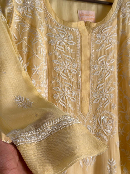 Lemon Sequinned Chikankari Kota Kurta & Dupatta Set