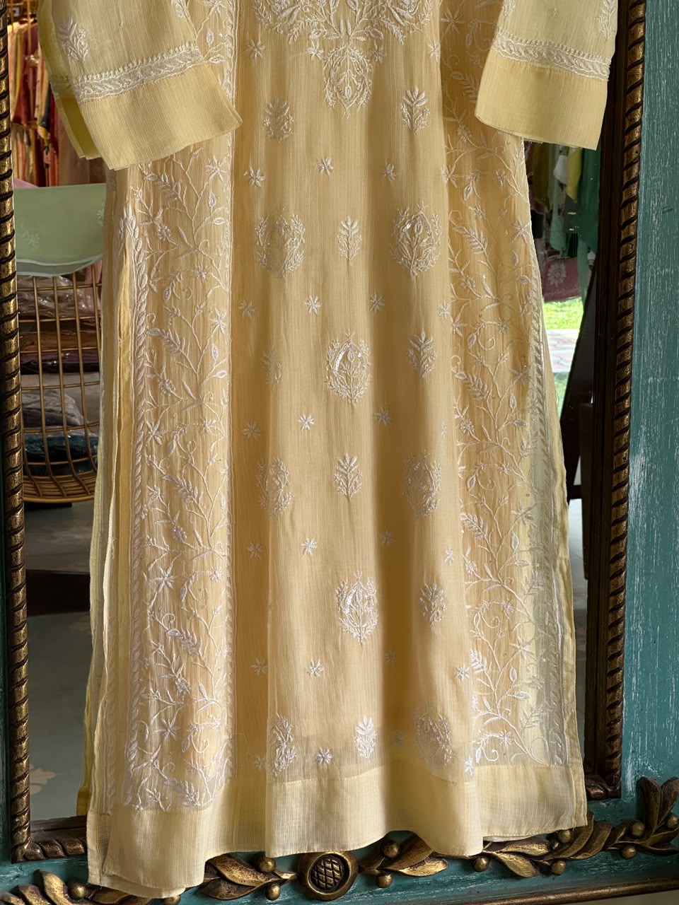 Lemon Sequinned Chikankari Kota Kurta & Dupatta Set
