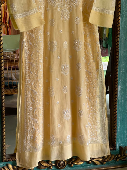 Lemon Sequinned Chikankari Kota Kurta & Dupatta Set