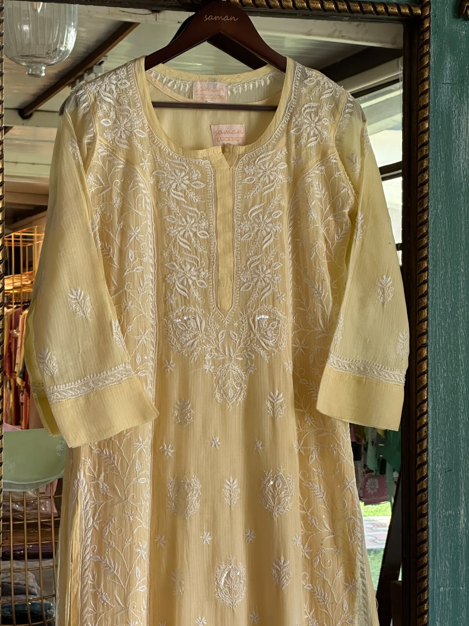 Lemon Sequinned Chikankari Kota Kurta & Dupatta Set
