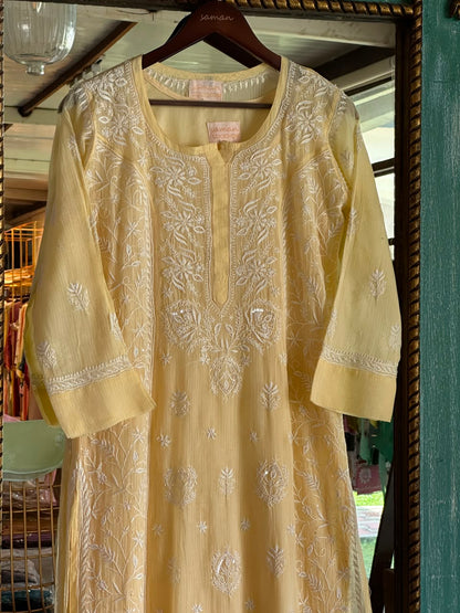 Lemon Sequinned Chikankari Kota Kurta & Dupatta Set