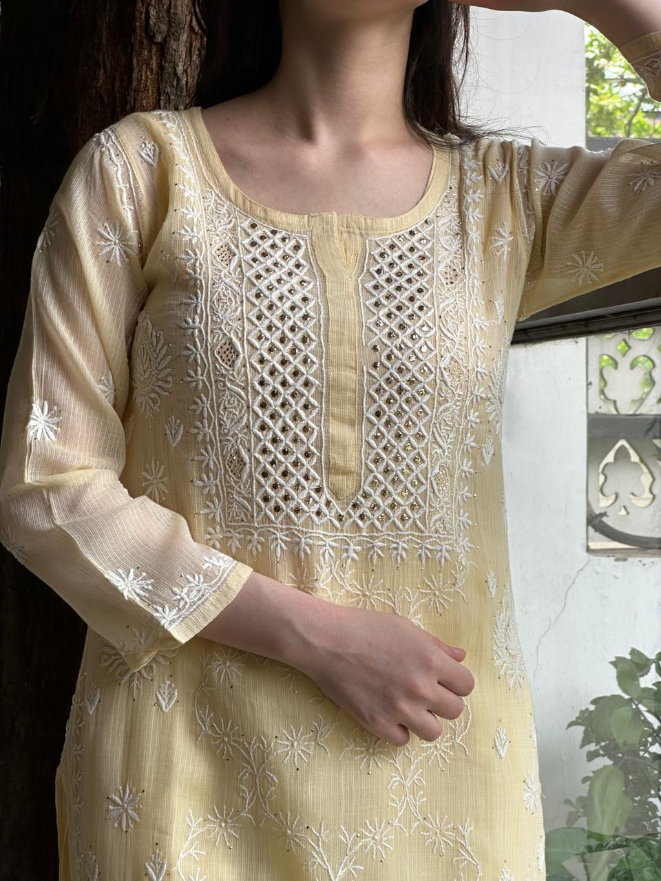 Lemon Shade Floral Kota Chikankari Ready To Wear Straight Kurta With Slip