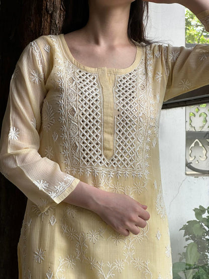 Lemon Shade Floral Kota Chikankari Ready To Wear Straight Kurta With Slip