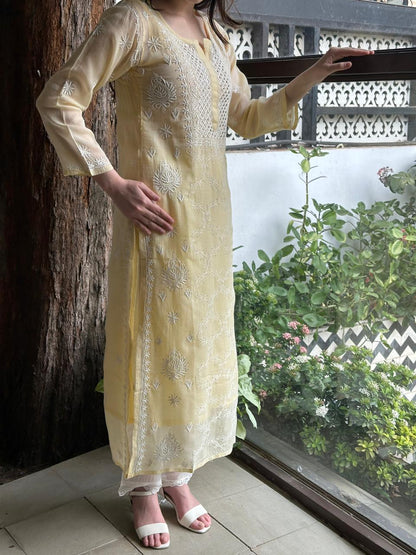 Lemon Shade Floral Kota Chikankari Ready To Wear Straight Kurta With Slip