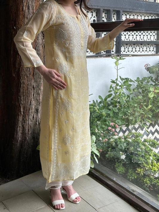 Lemon Shade Floral Kota Chikankari Ready To Wear Straight Kurta With Slip