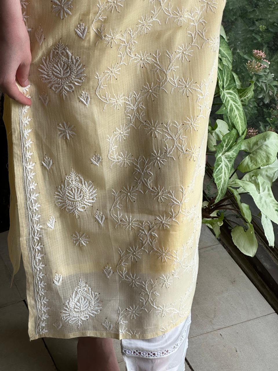Lemon Shade Floral Kota Chikankari Ready To Wear Straight Kurta With Slip