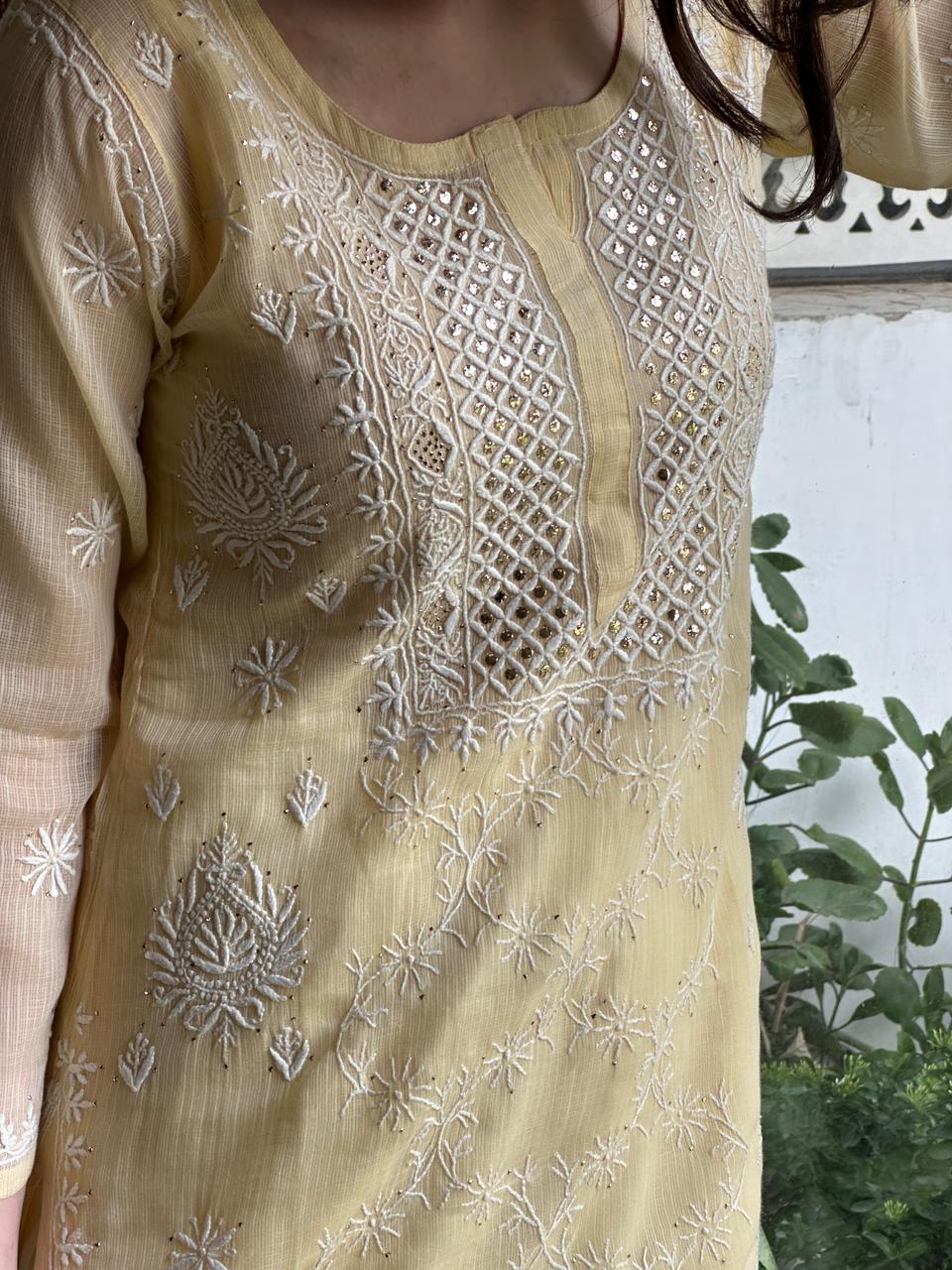 Lemon Shade Floral Kota Chikankari Ready To Wear Straight Kurta With Slip