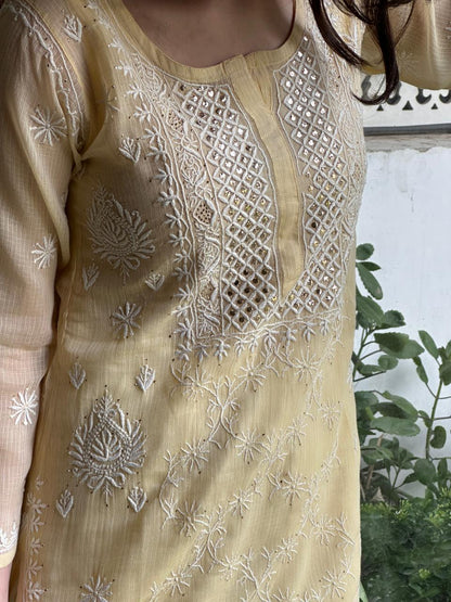 Lemon Shade Floral Kota Chikankari Ready To Wear Straight Kurta With Slip