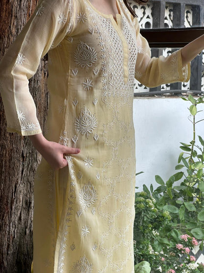 Lemon Shade Floral Kota Chikankari Ready To Wear Straight Kurta With Slip