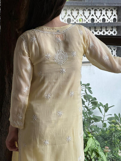 Lemon Shade Floral Kota Chikankari Ready To Wear Straight Kurta With Slip
