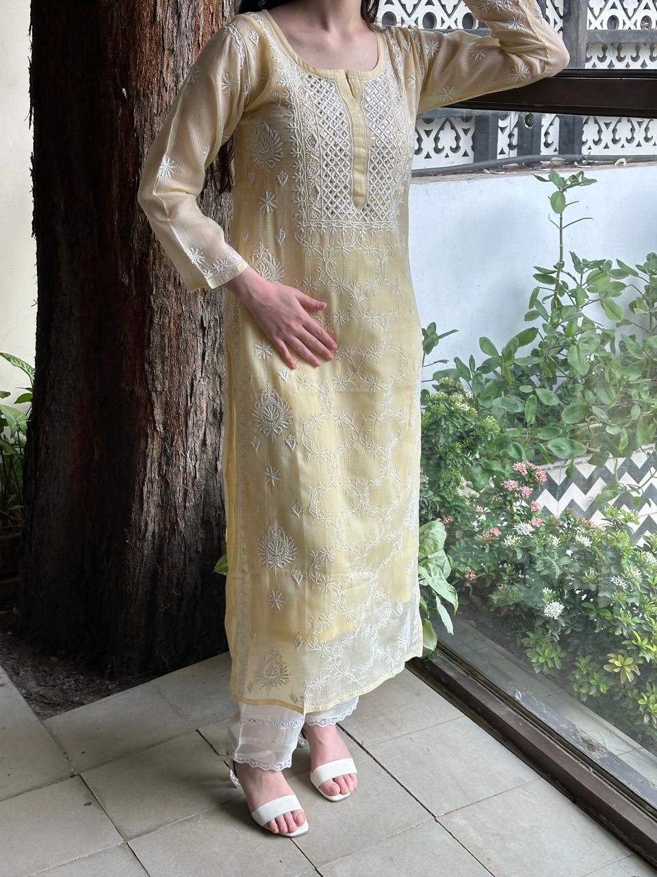 Lemon Shade Floral Kota Chikankari Ready To Wear Straight Kurta With Slip