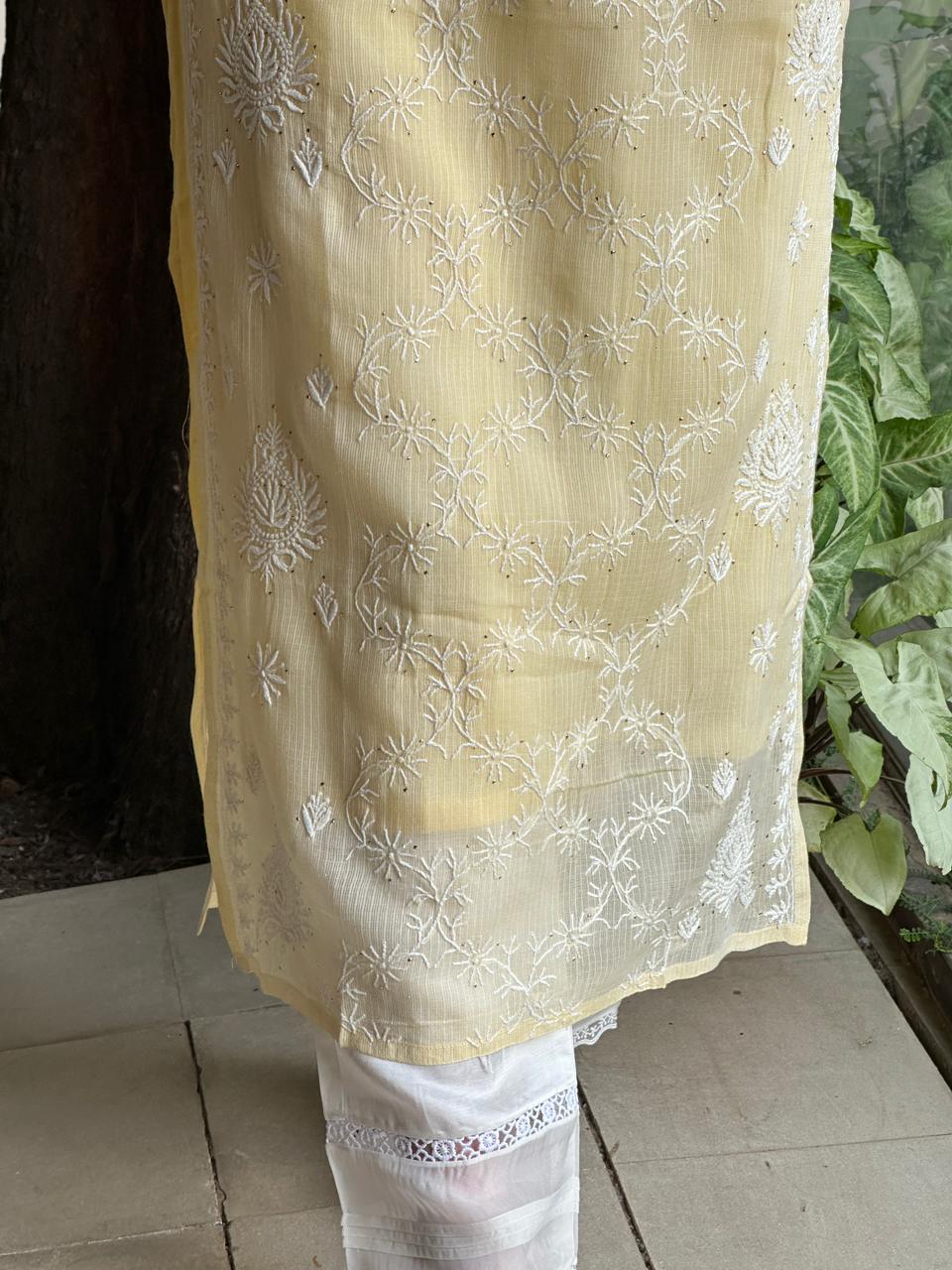 Lemon Shade Floral Kota Chikankari Ready To Wear Straight Kurta With Slip