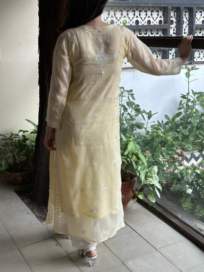 Lemon Shade Floral Kota Chikankari Ready To Wear Straight Kurta With Slip