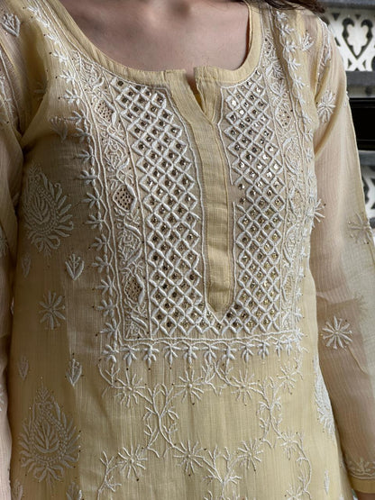 Lemon Shade Floral Kota Chikankari Ready To Wear Straight Kurta With Slip