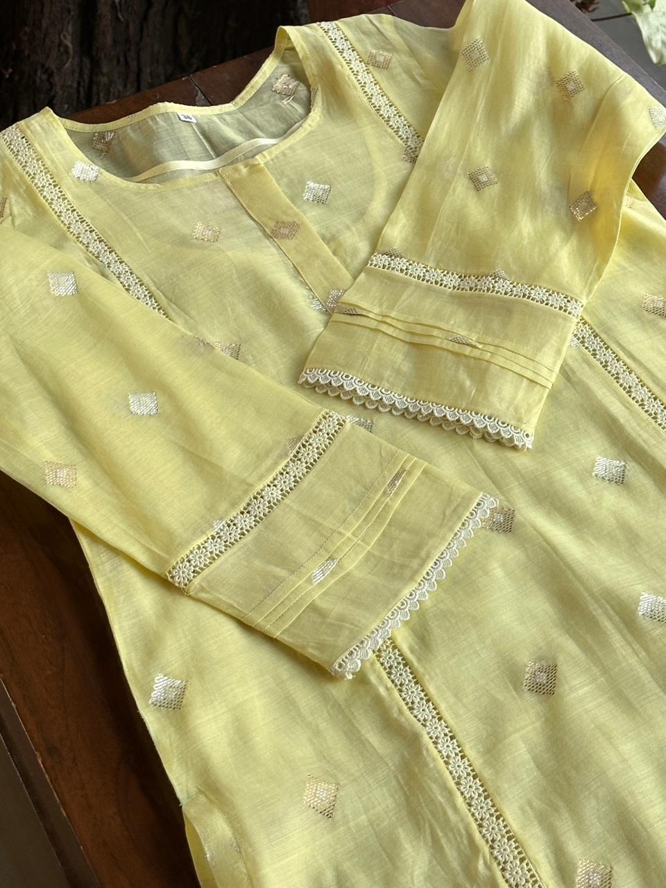 Lemon Shade Jamdani X Chikankari Ready To Wear Kurta Dupatta Set