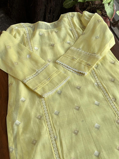 Lemon Shade Jamdani X Chikankari Ready To Wear Kurta Dupatta Set