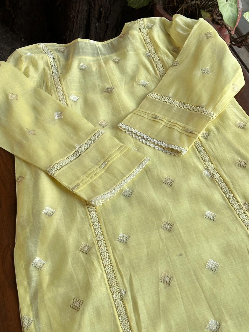 Lemon Shade Jamdani X Chikankari Ready To Wear Kurta Dupatta Set