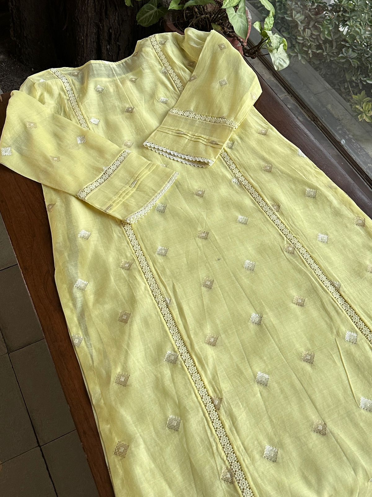 Lemon Shade Jamdani X Chikankari Ready To Wear Kurta Dupatta Set