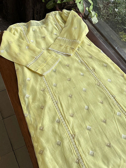 Lemon Shade Jamdani X Chikankari Ready To Wear Kurta Dupatta Set