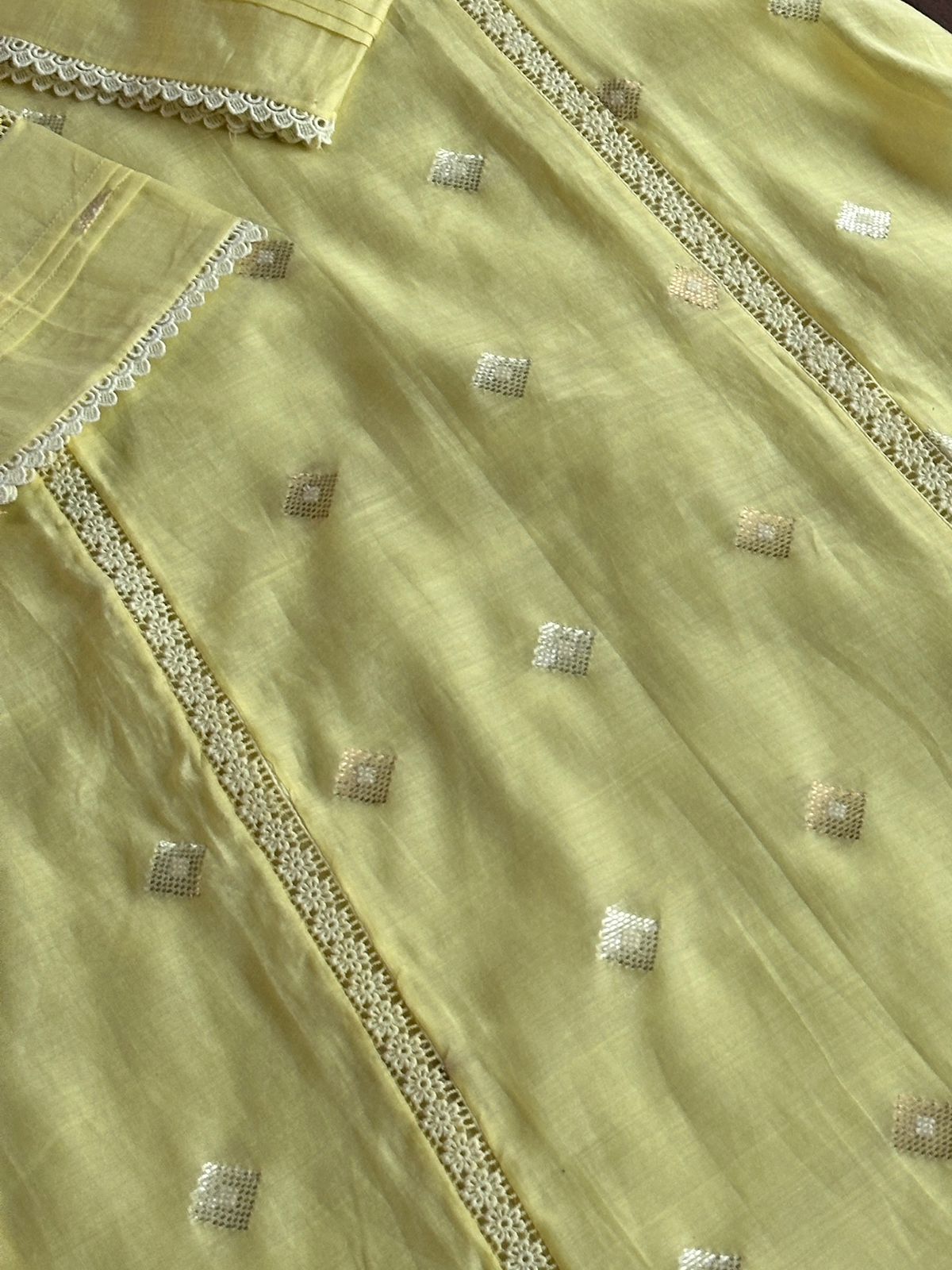 Lemon Shade Jamdani X Chikankari Ready To Wear Kurta Dupatta Set