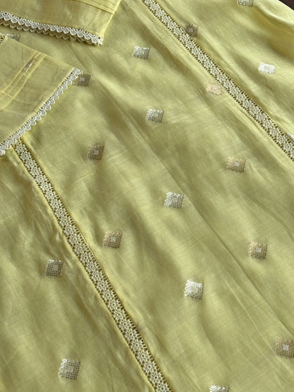 Lemon Shade Jamdani X Chikankari Ready To Wear Kurta Dupatta Set