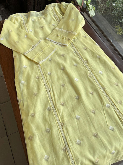 Lemon Shade Jamdani X Chikankari Ready To Wear Kurta Dupatta Set