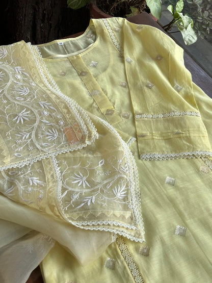 Lemon Shade Jamdani X Chikankari Ready To Wear Kurta Dupatta Set