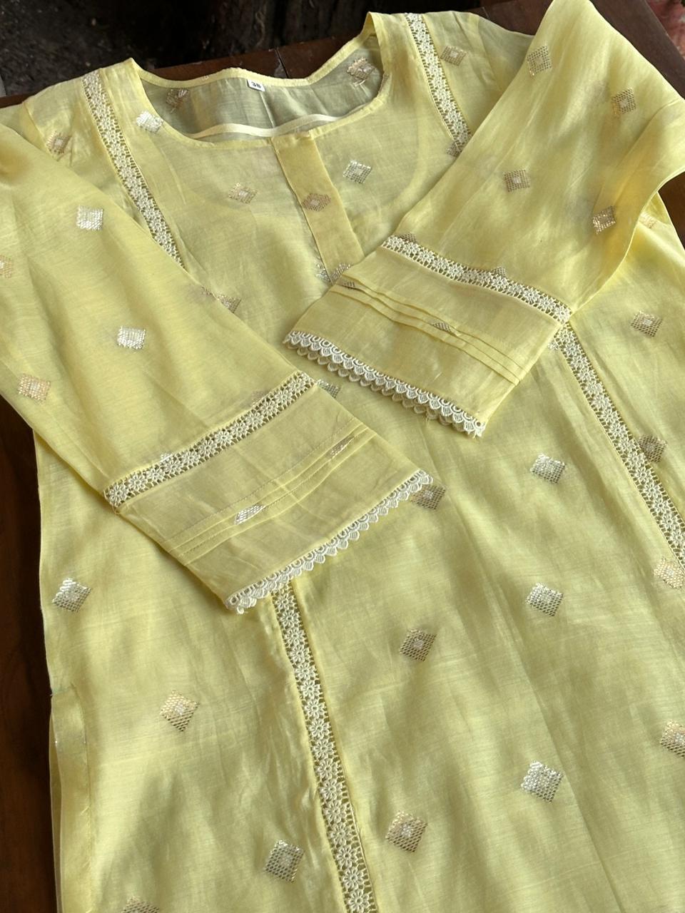Lemon Shade Jamdani X Chikankari Ready To Wear Kurta Dupatta Set