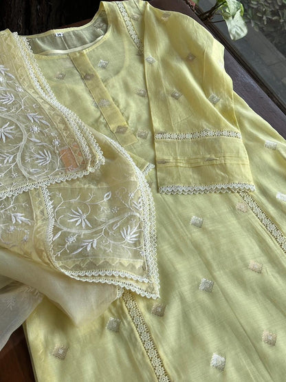 Lemon Shade Jamdani X Chikankari Ready To Wear Kurta Dupatta Set