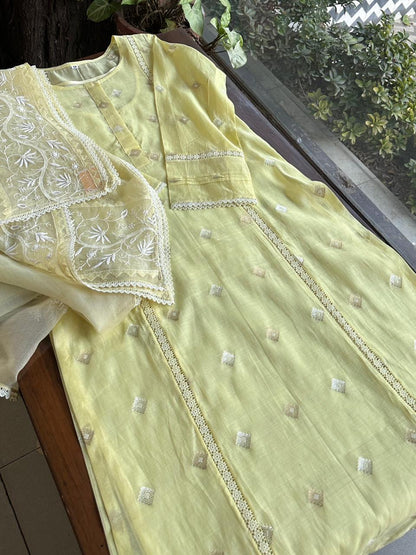 Lemon Shade Jamdani X Chikankari Ready To Wear Kurta Dupatta Set