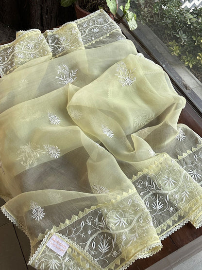 Lemon Shade Jamdani X Chikankari Ready To Wear Kurta Dupatta Set