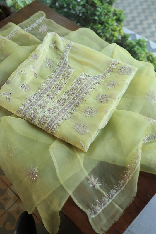 Lemon Shade Organza Silk Chikankari Unstitched Fabric