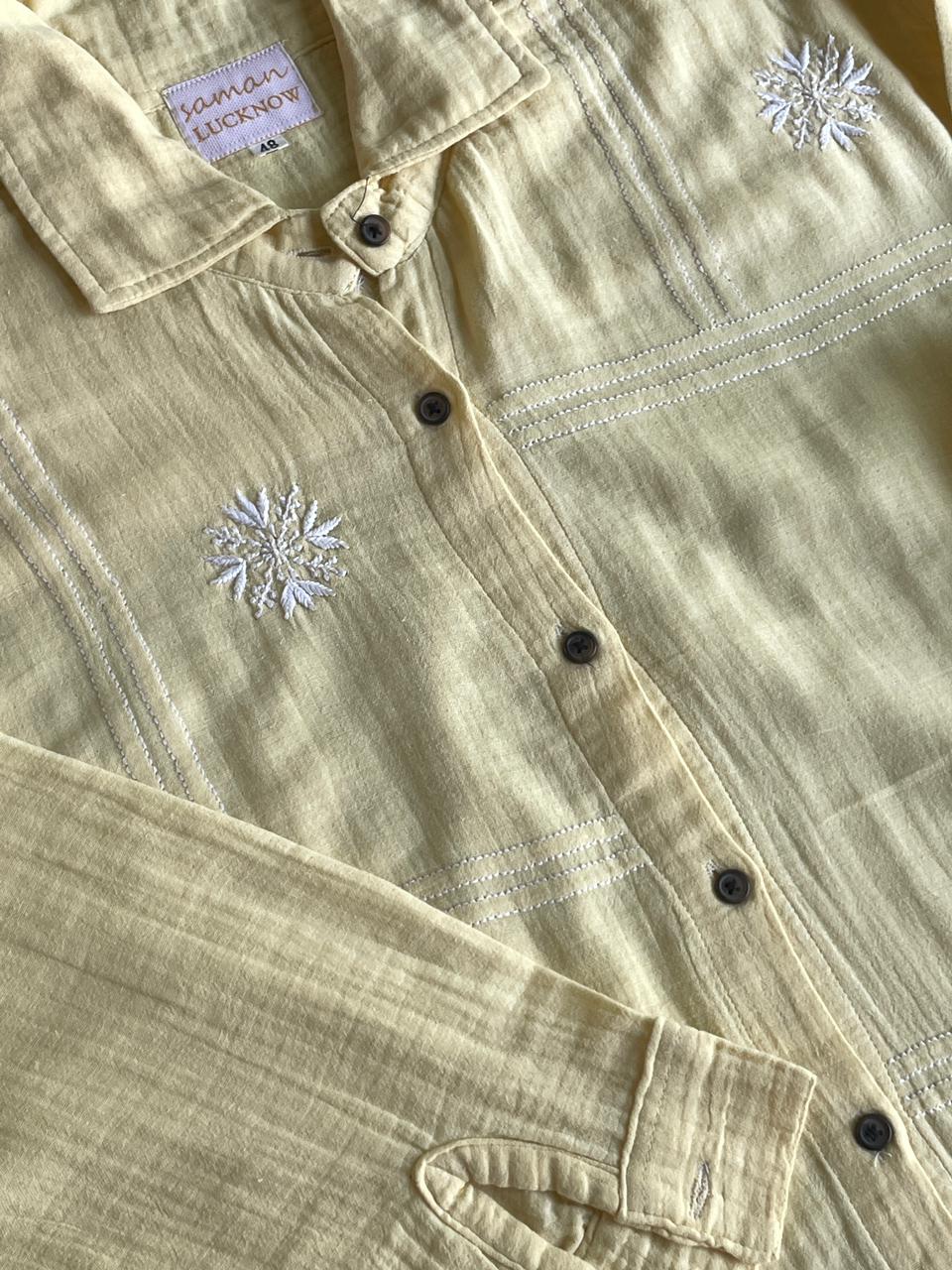 Lemon Yellow Embroidered Malmal Shirt