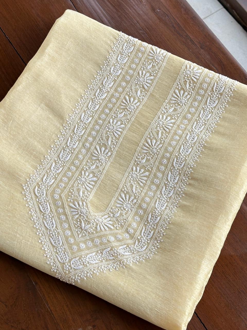 Lemon Yellow Linen Chikankari Unstitched Men's Kurtas Fabric