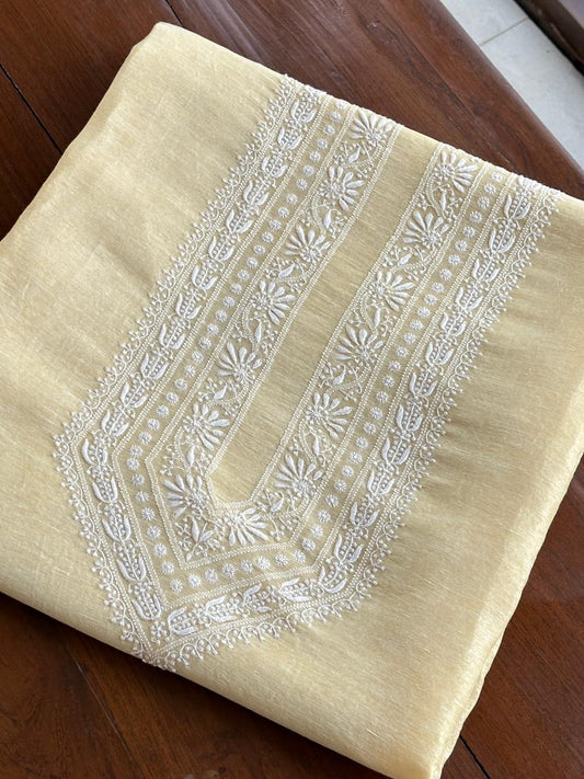 Lemon Yellow Linen Chikankari Unstitched Men's Kurtas Fabric