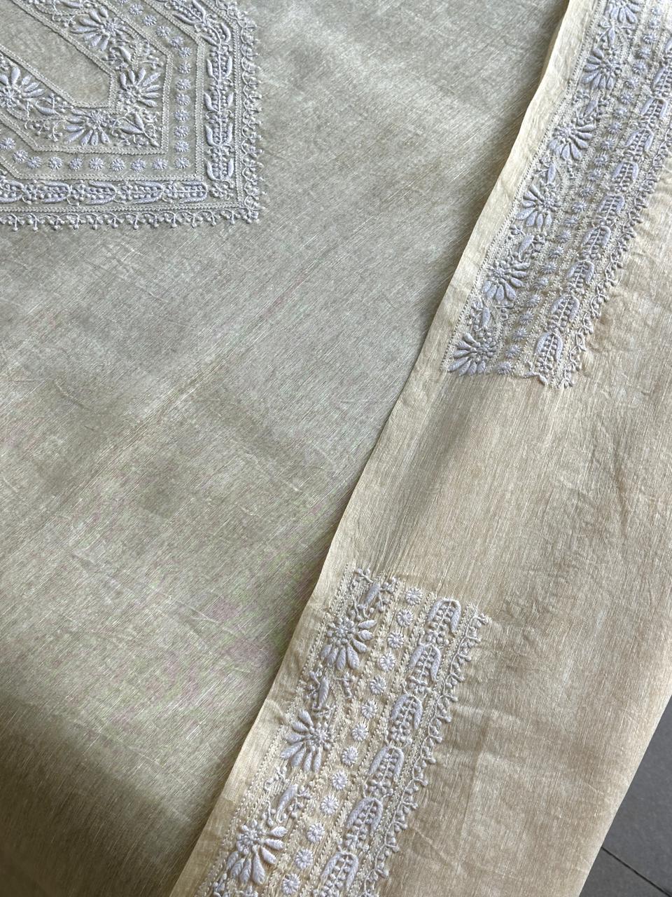 Lemon Yellow Linen Chikankari Unstitched Men's Kurtas Fabric