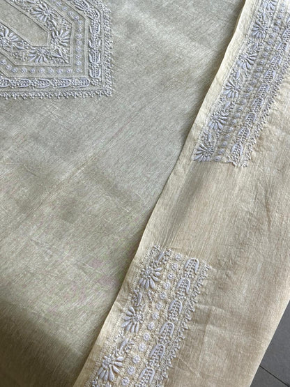Lemon Yellow Linen Chikankari Unstitched Men's Kurtas Fabric