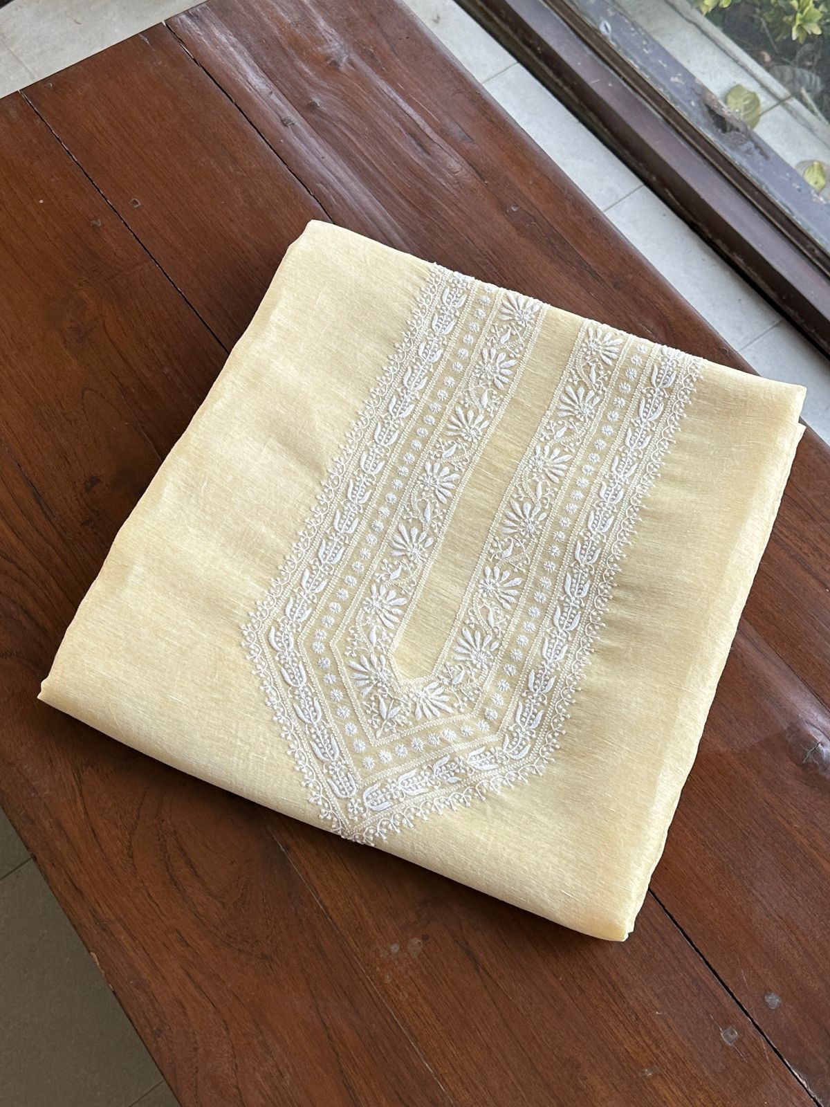 Lemon Yellow Linen Chikankari Unstitched Men's Kurtas Fabric