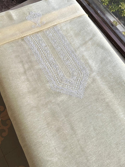 Lemon Yellow Linen Chikankari Unstitched Men's Kurtas Fabric