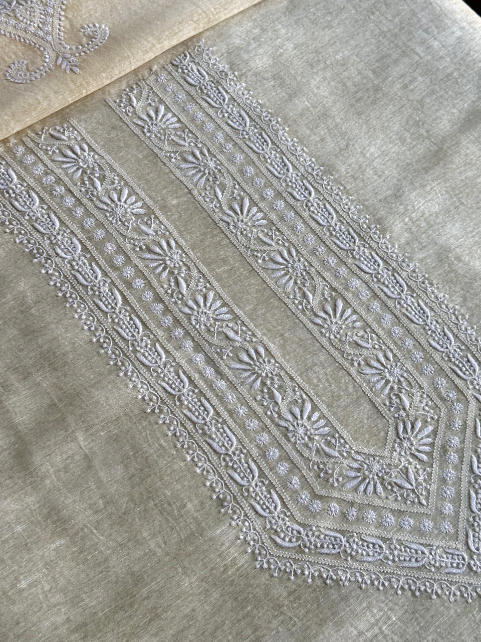 Lemon Yellow Linen Chikankari Unstitched Men's Kurtas Fabric