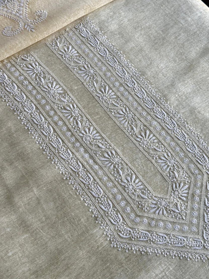 Lemon Yellow Linen Chikankari Unstitched Men's Kurtas Fabric