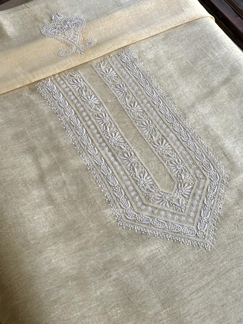 Lemon Yellow Linen Chikankari Unstitched Men's Kurtas Fabric