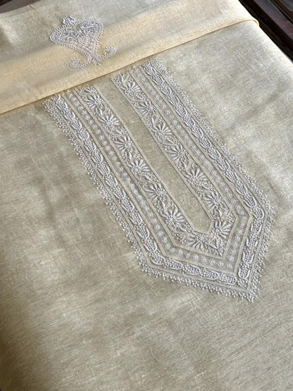 Lemon Yellow Linen Chikankari Unstitched Men's Kurtas Fabric