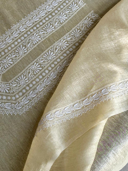 Lemon Yellow Linen Chikankari Unstitched Men's Kurtas Fabric